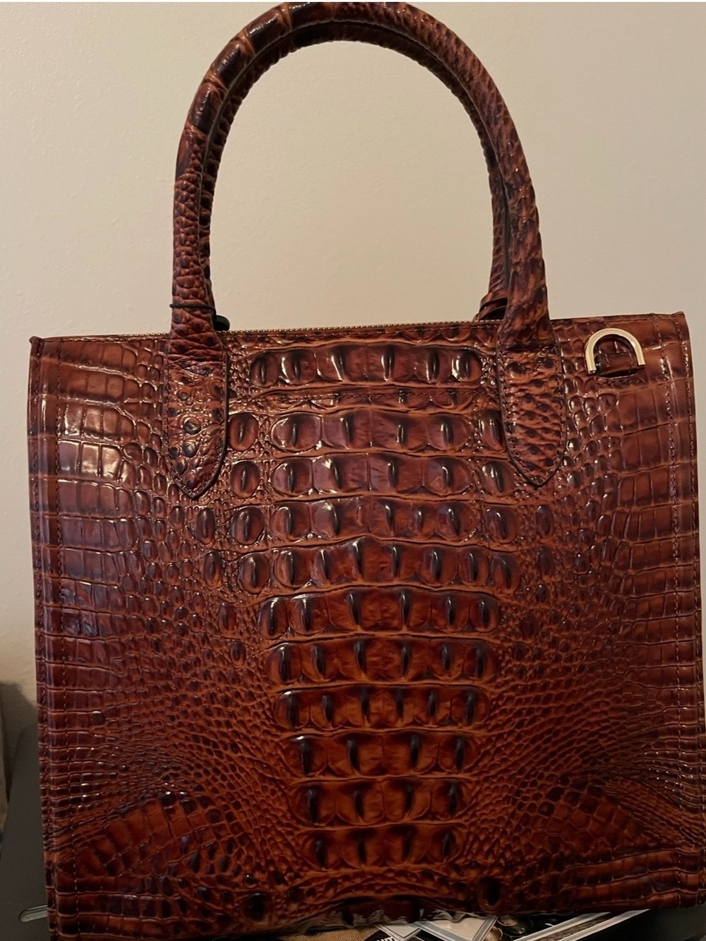 Brahmin Croc-Embossed Lacquered Tote in Deep Chestnut Brown